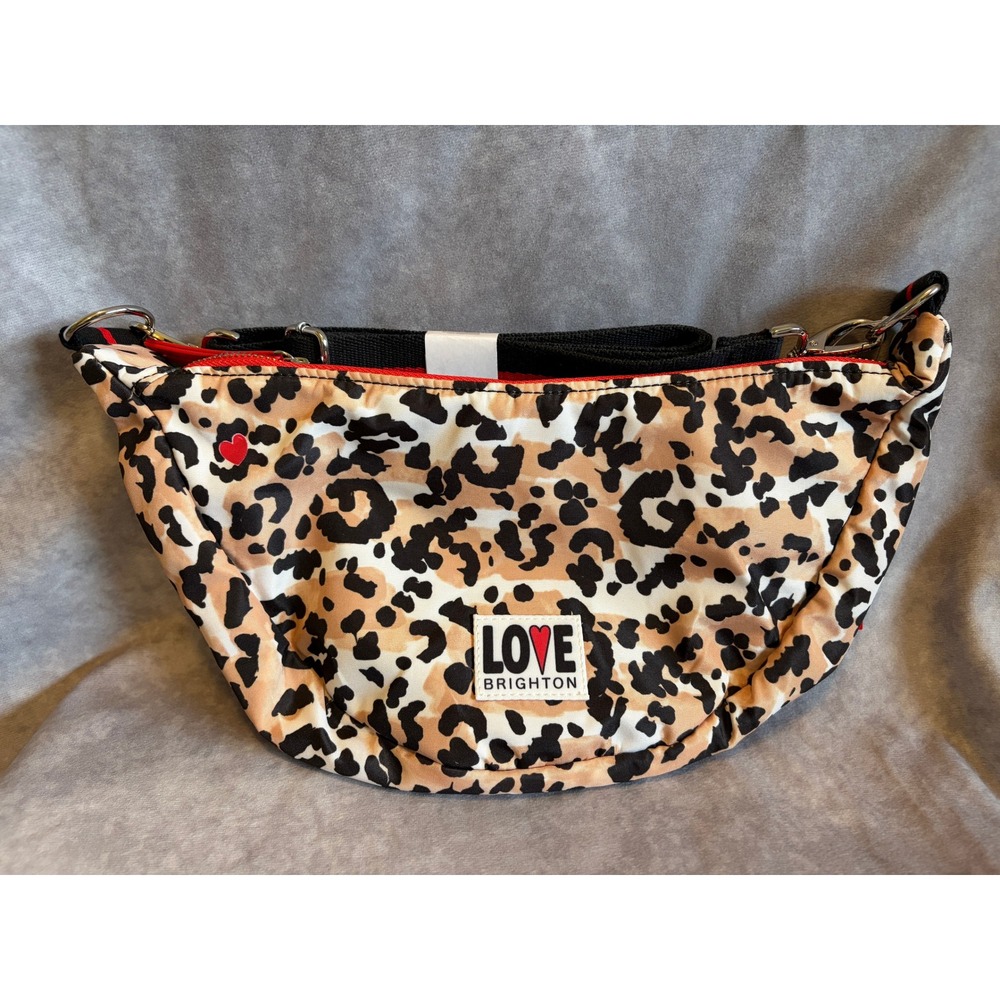 Brighton Spotted Love Swing Bag Leopard Print Nylon Crossbody Red Accent NWT